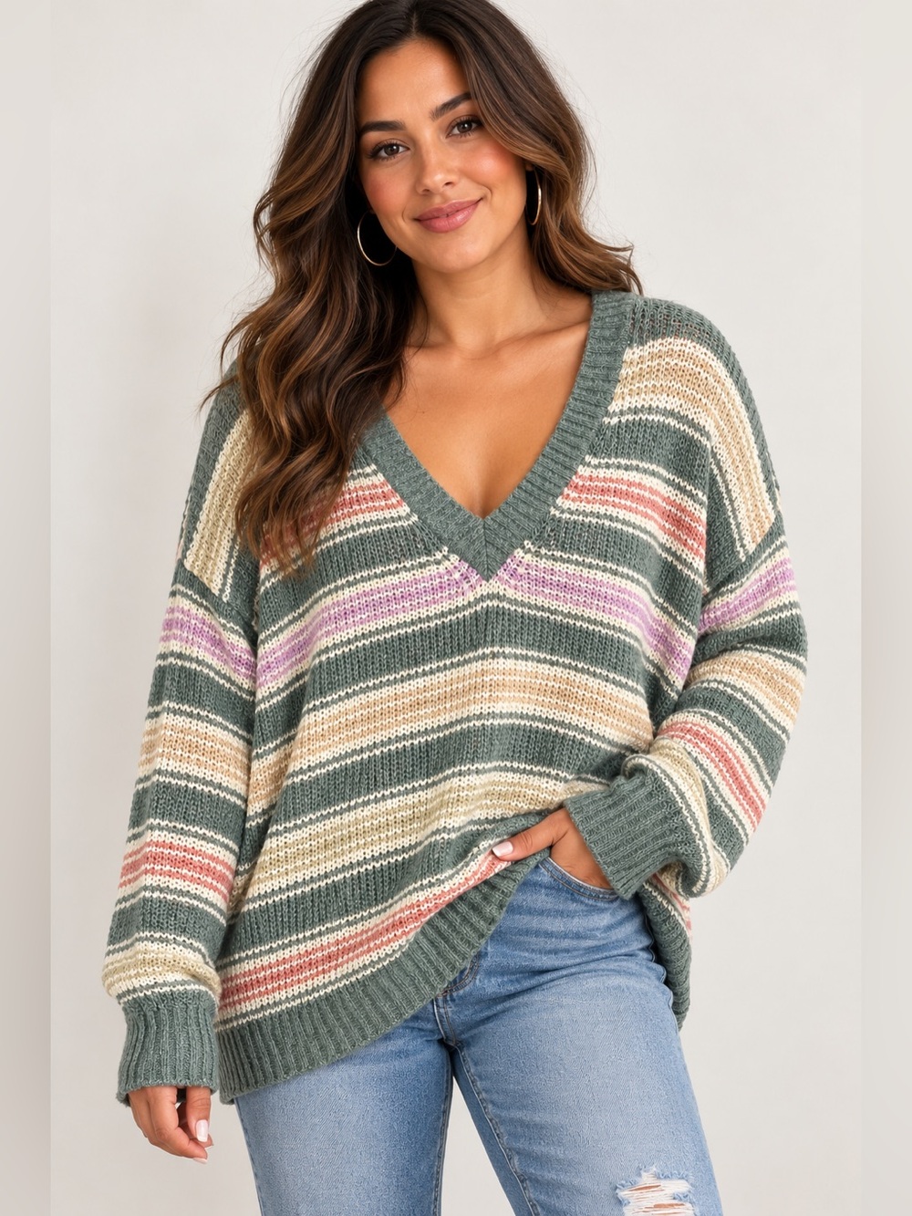 American Eagle Outfitters XL Oversized V-Neck Striped Open Knit Sweater Boho
